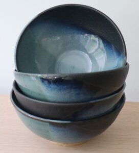 Black shades of blue glaze on a stoneware ramen bowl